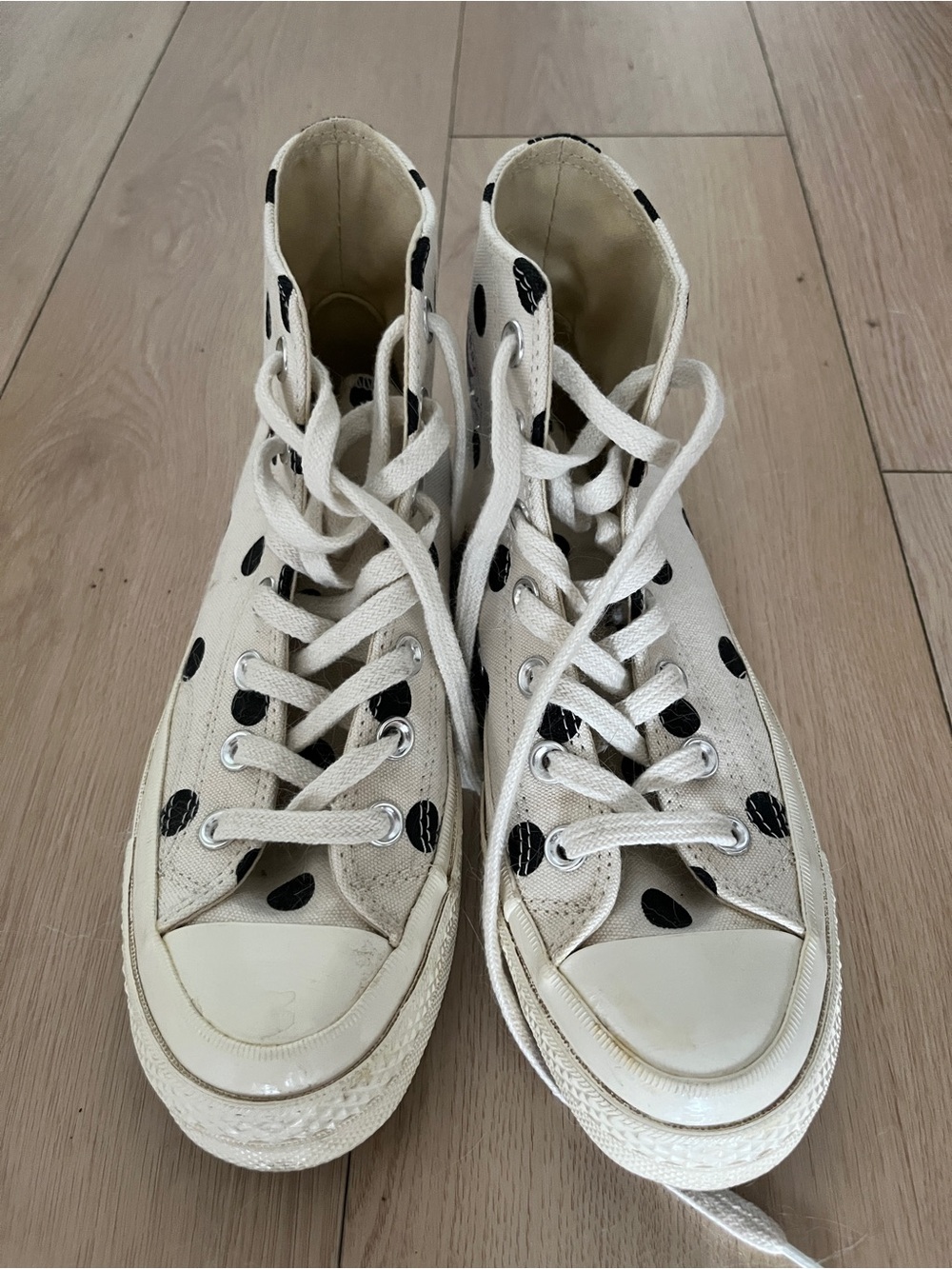Comme des Garçons Polka Dot High-Top Sneakers in Cream with Black and Red Heart - Picture 2 of 4